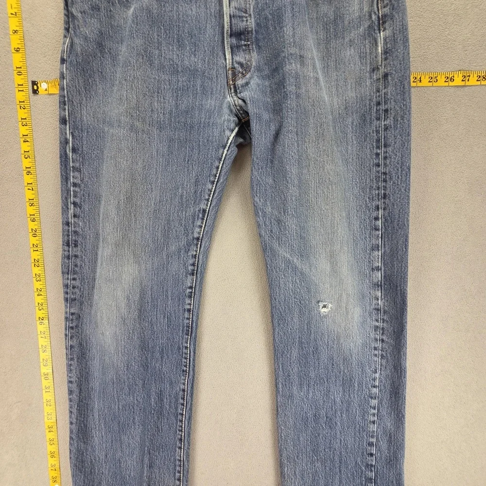 Levis 501 Jeans‎ Mens Blue Medium Wash Straight Button Fly Distressed Fits 34x32